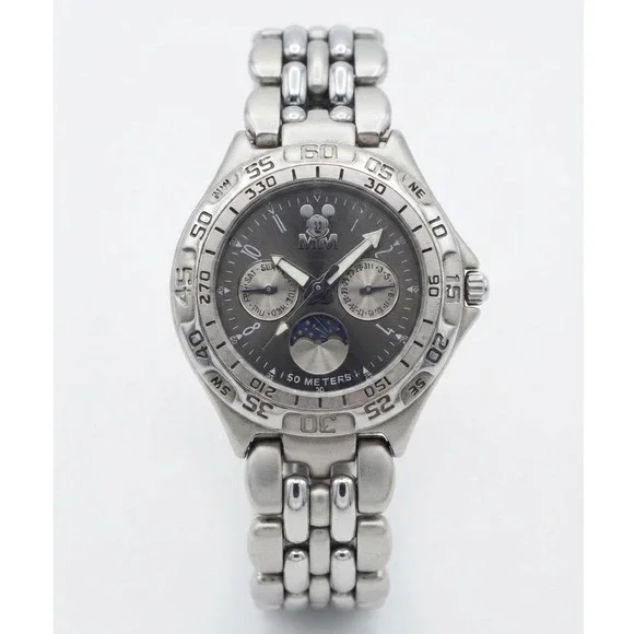 Disney Store Mickey Mouse Moonphase Watch Gray Dial Day Date Stainless Steel 50M