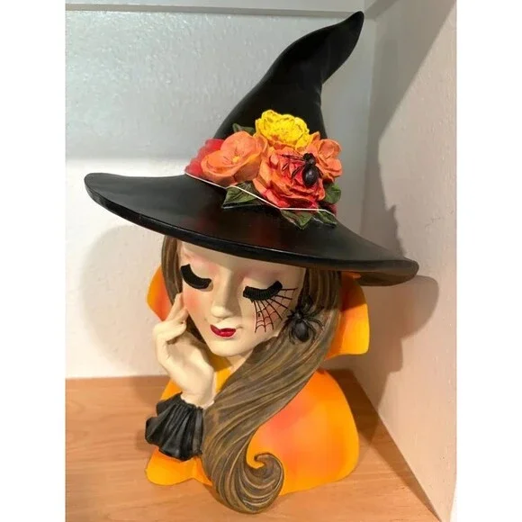 Halloween Witch Head Decor with Black Hat, Flowers & Spider NWT