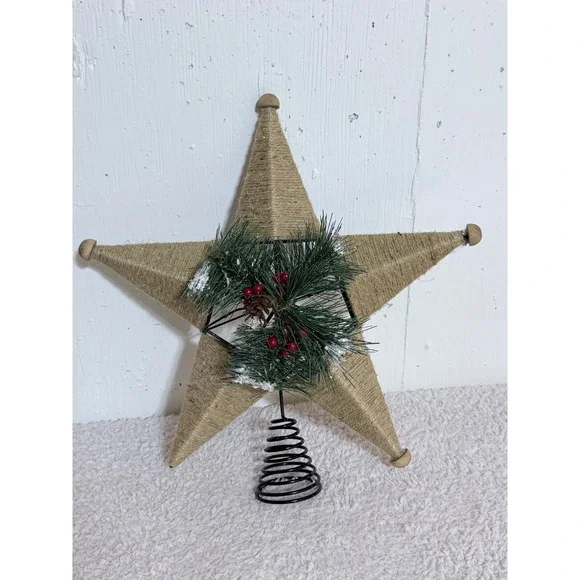 Rustic Jute Twine Star Christmas Tree Topper Pinecone Berries Farmhouse Decor