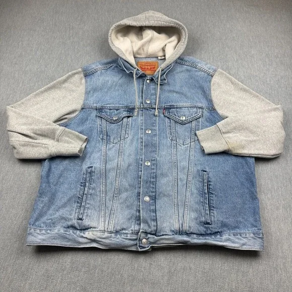 Levi's‎ Jean Jacket Mens 2XL Gray Denim Relaxed Fit Hybrid Hoodie Trucker Casual