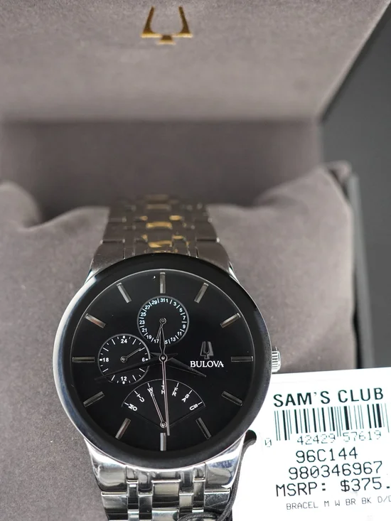 Bulova 96C144 Quartz Multifunction Day-Date Black Dial Stainless Steel Watch