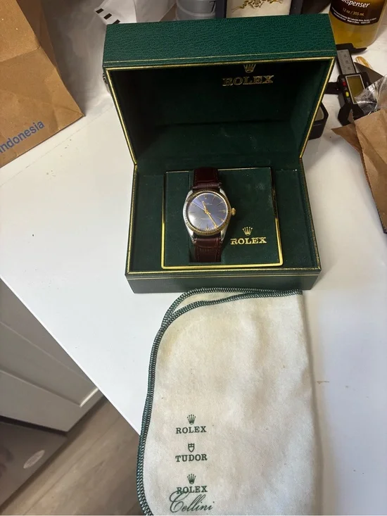 Rolex Oyster Perpetual 18k 35mm Blue Dial Fluted Bezel Watch 1005 W/Box