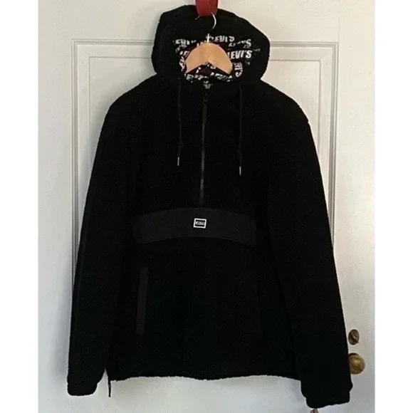 Levi’s Men's Black Sherpa Quarter Zip Popover Hooded Jacket Size‎ Large NWT