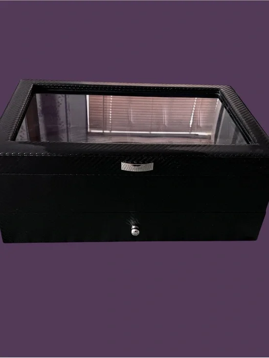 Black Carbon Fiber Look Watch & Jewelry Storage Box Glass Top