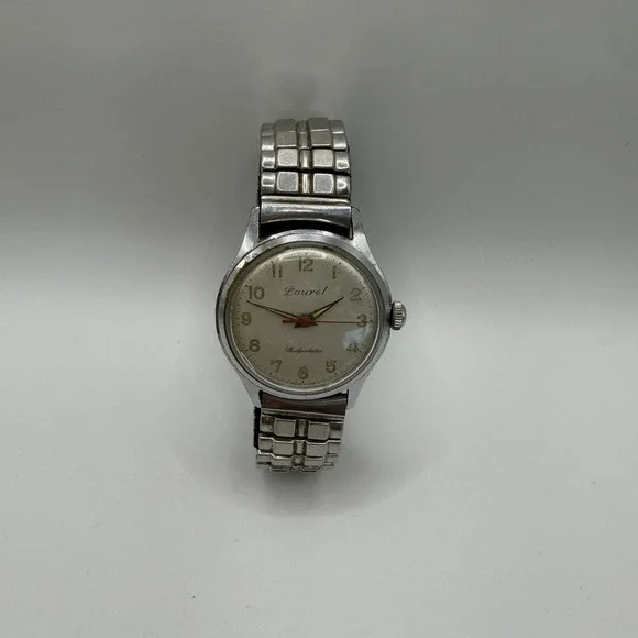 Vintage Laurel Watch Silver Shock protected Wind Up Stretch Band Needs Battery