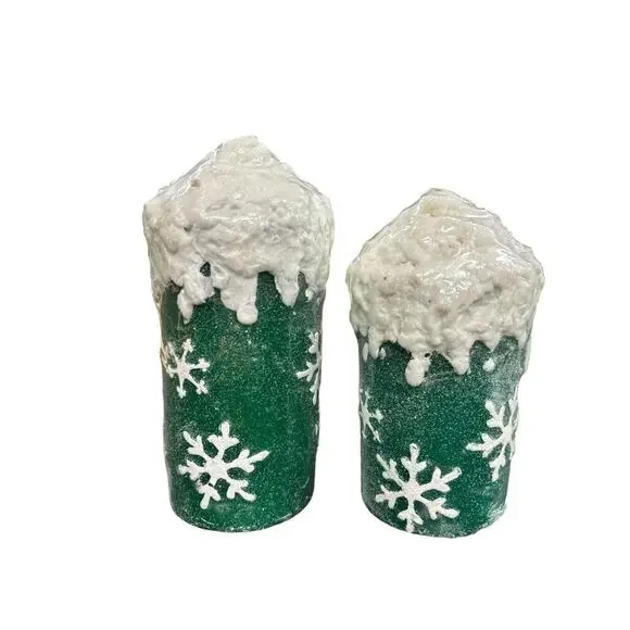 Vintage Christmas Pillar Snowflake Candles •‎ Green Foil, Glitter & Snow Topped