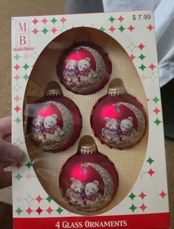 NOS Vtg 4 Merry Brite Christmas Glass Ornaments Teddy Bears Moon 2 1/2