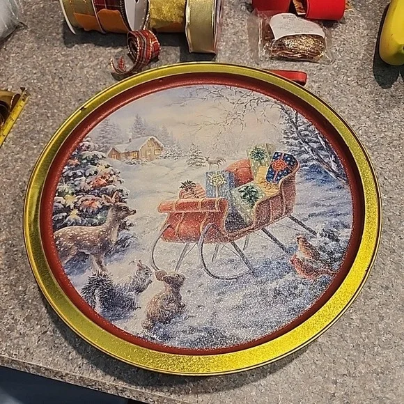Christmas Cookie Tin Original Gourmet Reindeer Sleigh Red Gold Large 13