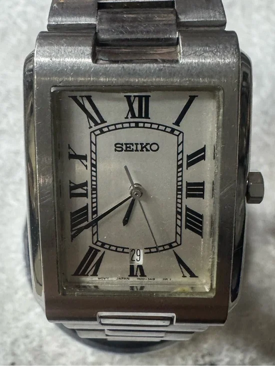 Seiko Silver Stainless Steel Rectangular Men’s Watch with White Dial