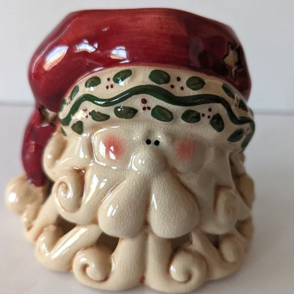 VTG Ceramic Santa Head Tea Light Votive Candle Holder W/Stars‎ And Tree Cut-Outs