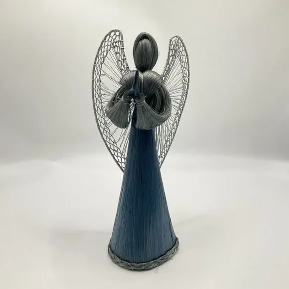 Vintage Handmade Blue Abaca Fiber Angel Christmas Tree Topper Signed 10