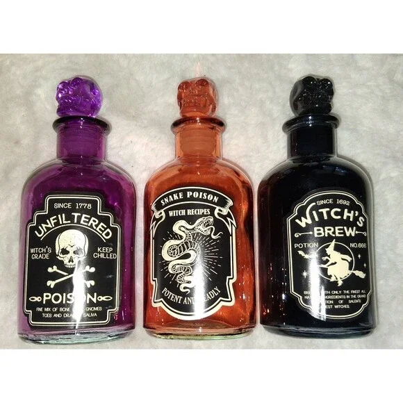 Set of 3 Halloween Witch Potion Bottles - Unfiltered Poison, Snake Poison, Witch