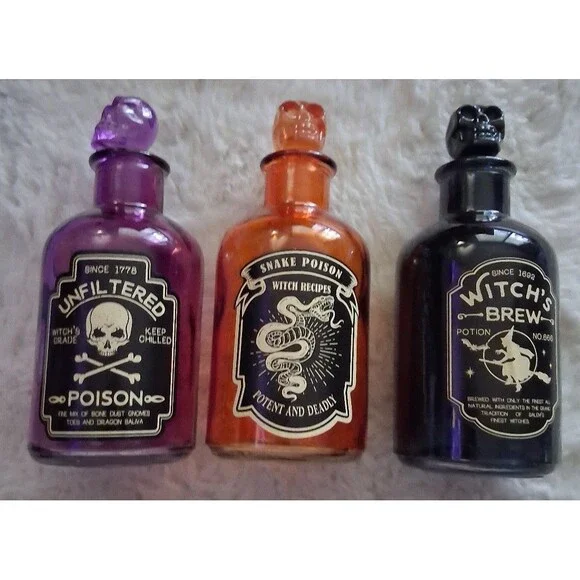 Halloween Glass Witch Potion Bottles - Poison, Snake, Brew