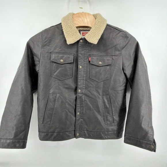 Levi's Faux Leather Sherpa Lined Trucker Jacket Mens Medium Brown Heavy Coat