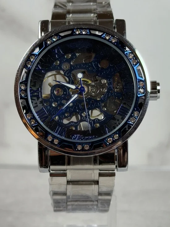 Mechanical Automatic Skeleton Dial Watch Blue Bezel Steel Bracelet 40mm 24J