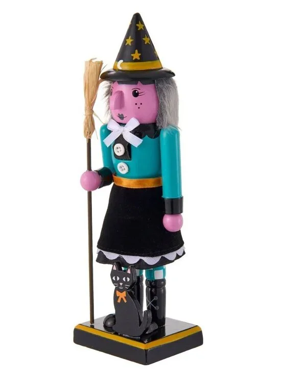 NWT Witch Halloween Nutcracker Black Cat Broom Ashland Michaels Yuleween Decor