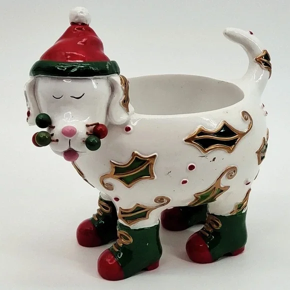 Vintage Ganz Whimsical Christmas Dog Candle Holder Ceramic Holly Berries