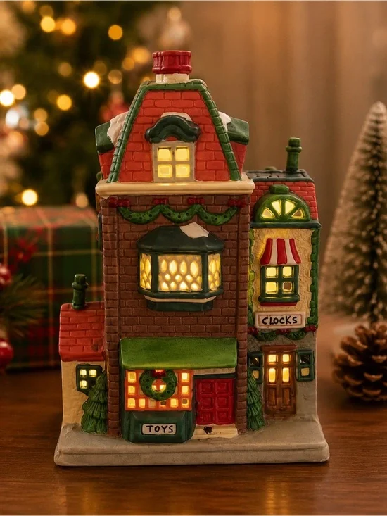 Holiday Toy & Clock Store Lighted Christmas Village Building | Porcelain Decor