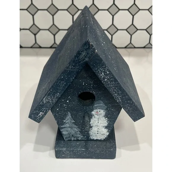 Rustic Wooden Snowman Birdhouse Winter Decorative Hand Painted Blue HolidayHouse