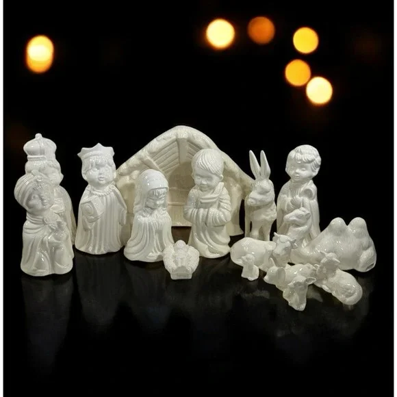 Vintage Arnel's Nativity Set Glazed Ceramic Christmas w/Rare Manger- 15 Pc- Read