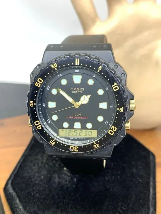 Casio Men's Watch AQ100W Analog Digital Quartz Black Leather Strap 41mm 358