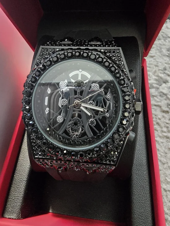 Men's Black Crystal Accent Skeleton Dial Watch