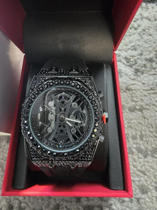 Black Men's Crystal Accent Skeleton Dial Sport Watch