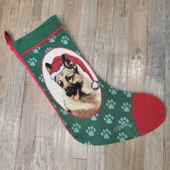 German Shepherd Dog‎ Christmas Tapestry Stocking USA Red Green Santa Hat Picken
