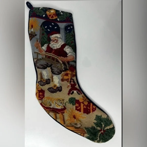 Needlepoint Christmas Stockings Santa's Workshop Velvet Back‎