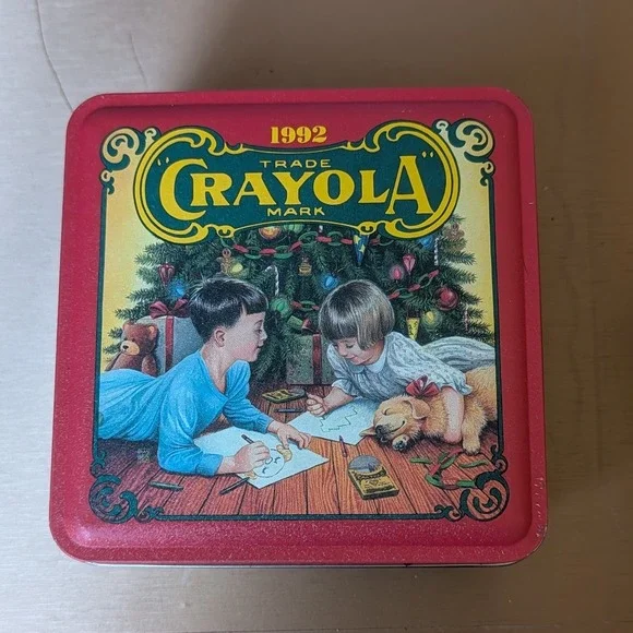 1992 Crayola Tin Box Christmas Scene Children‎ Dog Holiday Decor Collectible