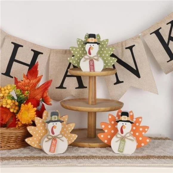 Thanksgiving Fall Decorations, Set of 3 Tabletop Turkey Decor‎ Wood Table Sign