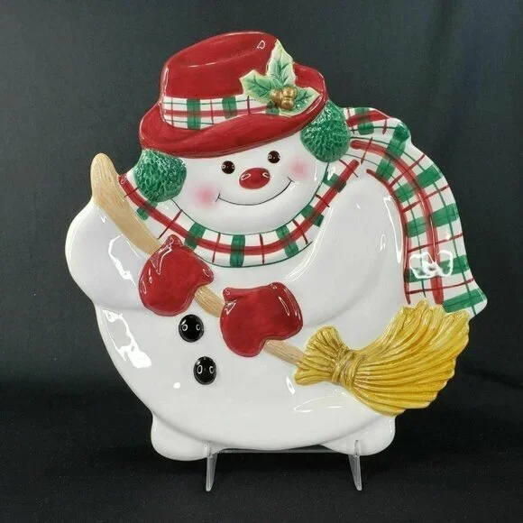 Fitz and‎ Floyd Plaid Christmas Snowman Candy Cookie Dish Canape Plate Embossed