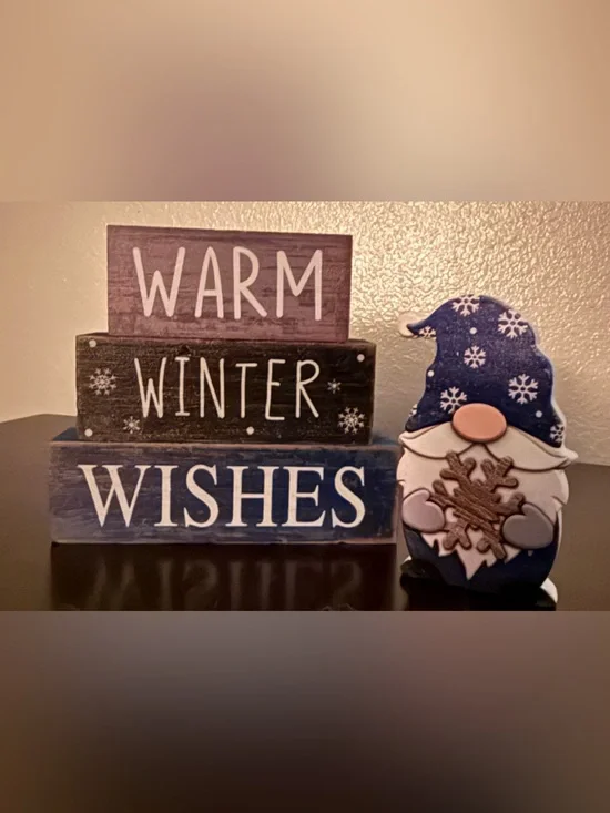 Mini Winter Gnome Wooden Block Sign Set Warm Winter Wishes Tiered Tray Decor