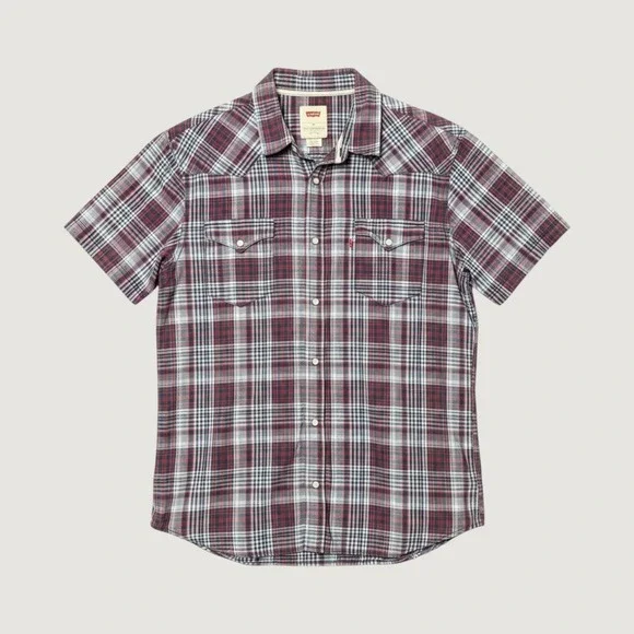Levis Men XL Short Sleeve Western Plaid Pearl Snap Shirt Red Blue Cowboy Outdoor