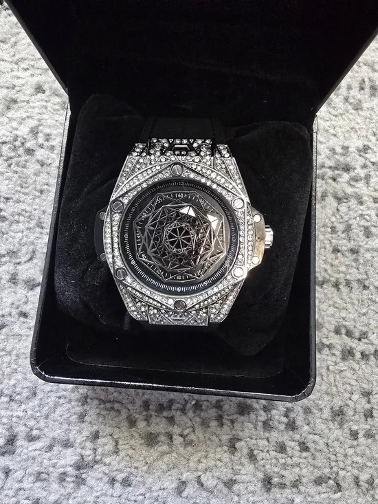 Men's Silver Crystal Accent Geometric Dial Watch