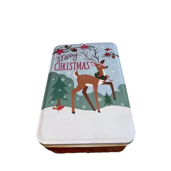 Vintage Style Reindeer Christmas Tin - Retro Woodland MCM Holiday Cookie‎ Box