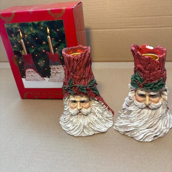 Vintage Set of 2 Santa Claus Face Tree‎ Trunk Candlestick Holders Red Holly