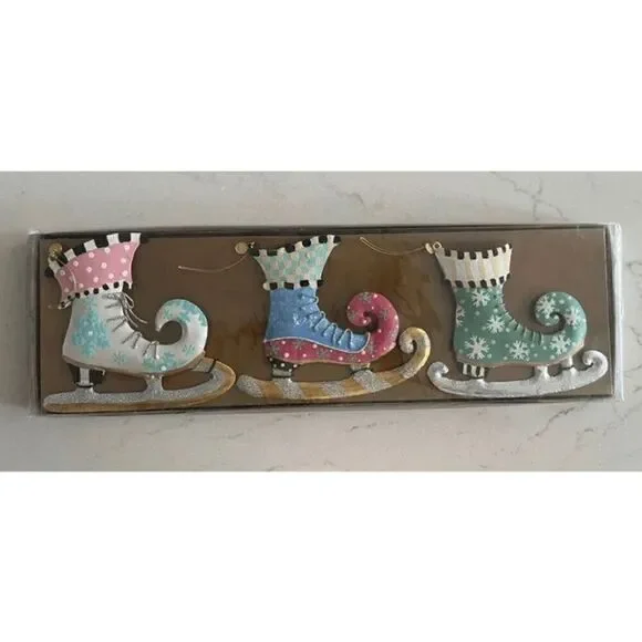 NIB Mackenzie Childs Home Sweet Snow Skate Ornaments Set Of 3