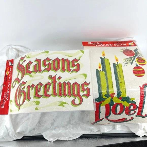 MagiCling Window Decor Red Green NEW 1986 Vintage Noel Seasons Greetings 2pk
