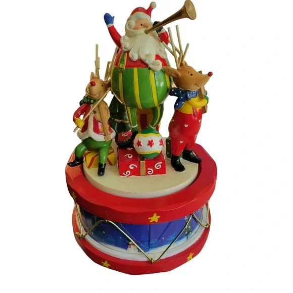 Wooden Santa & 2 Reindeer On A Musical Rotating Drum Christmas Decoration‎