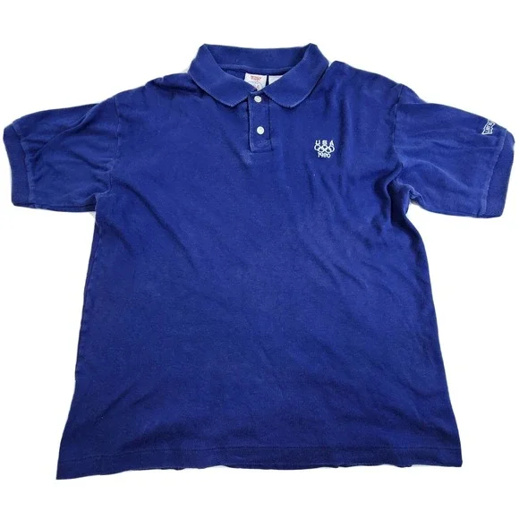 Vintage 1980 Levis Olympic Games Blue Polo Shirt Made in USA Size Large Single S