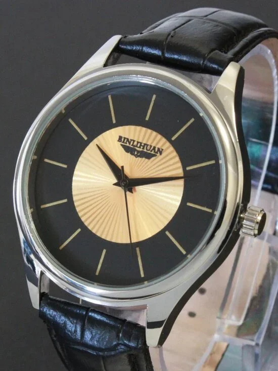 Men's Quartz Dress Watch Black Dial Gold Textured Insert Black Strap 42mm
