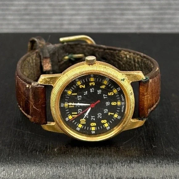 Vintage Military Field Watch Gold Tone Black Dial Japan Movt Brown Leather Strap