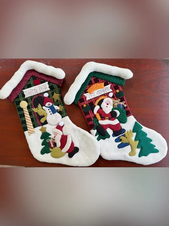 Set of Finished Handmade Felt Appliqué Christmas Stockings