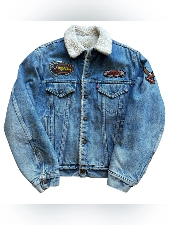 VTG Levi’s x Harley Davidson Patches Trucker Sherpa Distressed Denim Biker Y2K