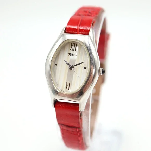 Vintage 1996 Guess Striped MOP Watch 22mm Oval Dial Red Leather w New Battery