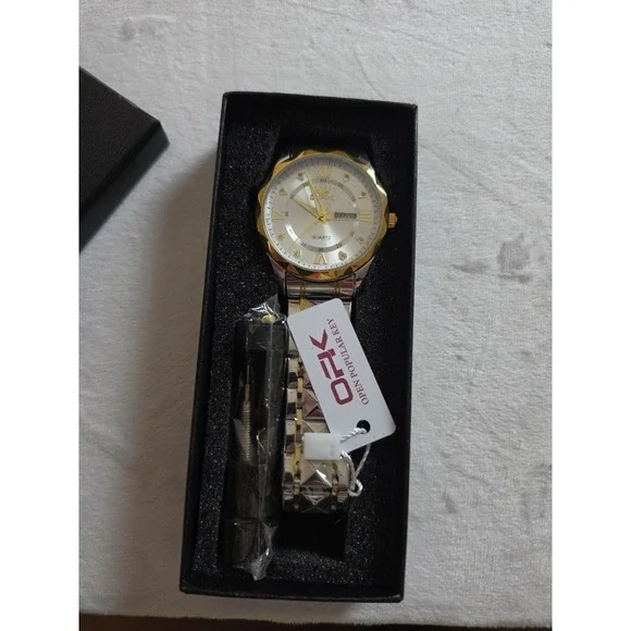 OPK Mens Two Tone Gold Silver Quartz Watch Day Date Crystal Markers New Box