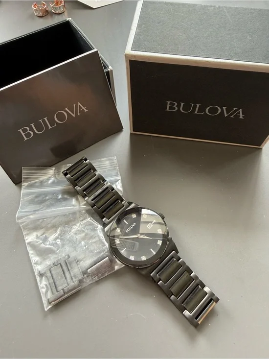 Bulova Men's Black Stainless Steel Bracelet Watch with Diamond Markers