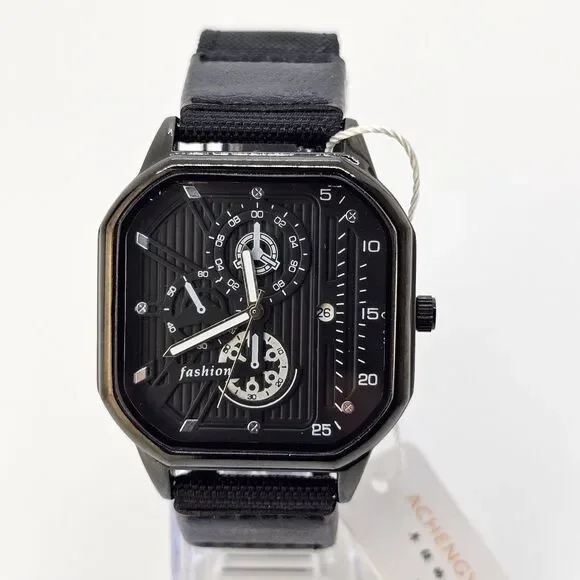 Men's 42MM Minimalist Watch Black‎ Case Black Dial Date Black Canvas Band Straps