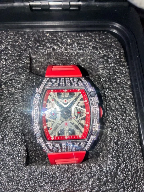 Red Diamond Bezel Skeleton Dial Men's Sport Watch